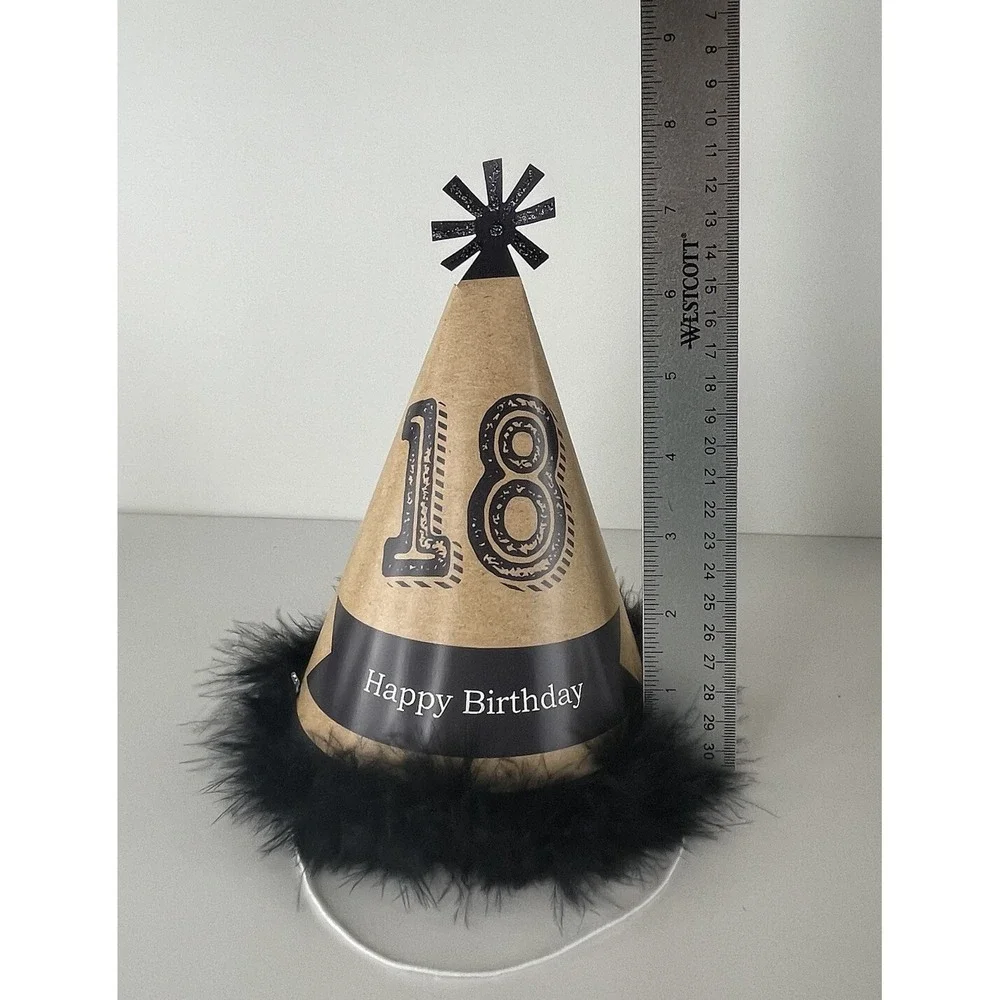 18th Birthday 6 Foot Banner And 8 Party Hats Partially Customized Black Gold Set